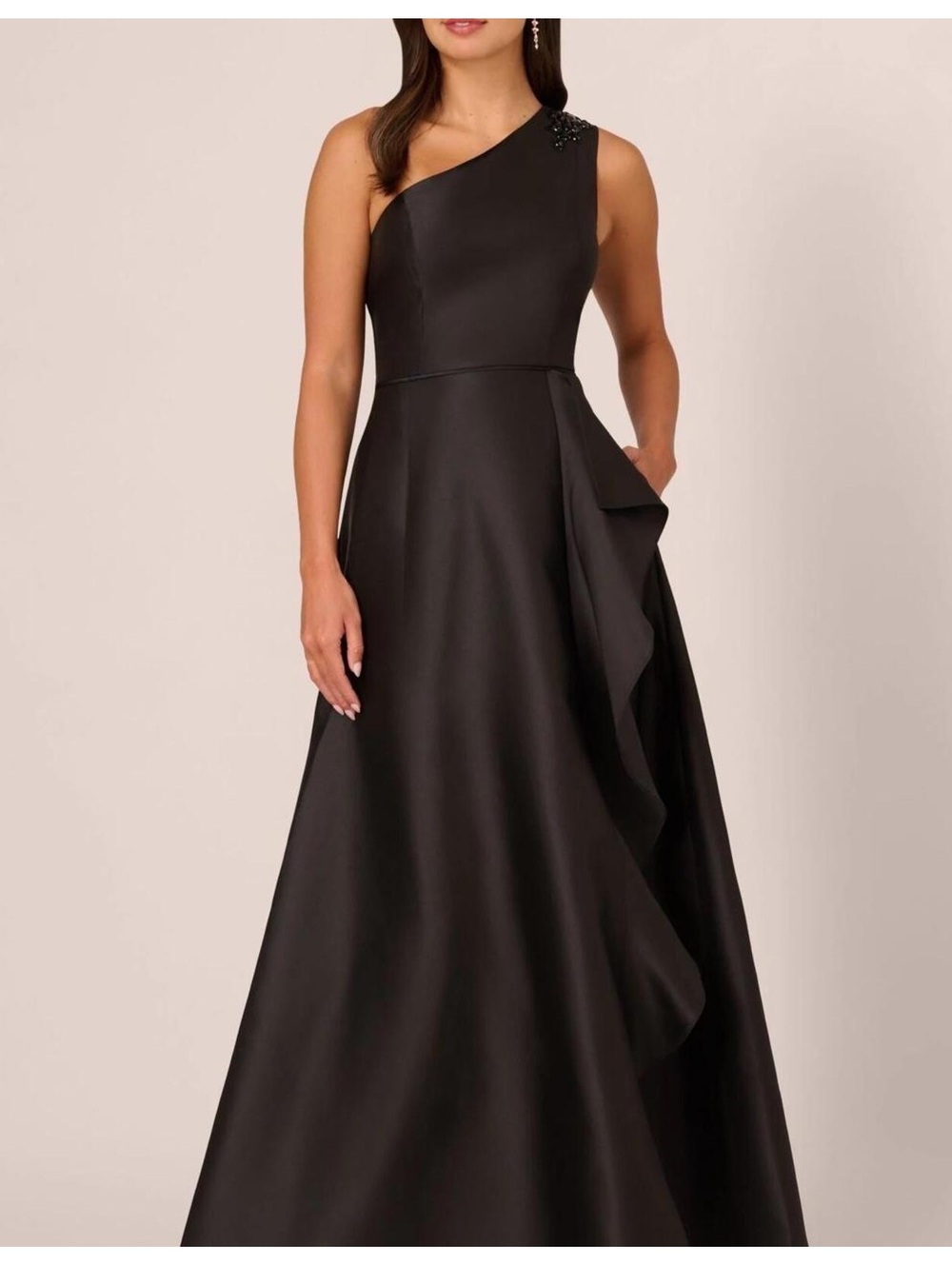 Adrianna Papell Black Studio One Shoulder Mikado Gown. Size 4